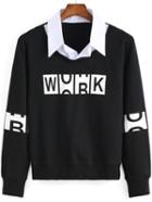 Shein Black Lapel Letters Print Crop Sweatshirt