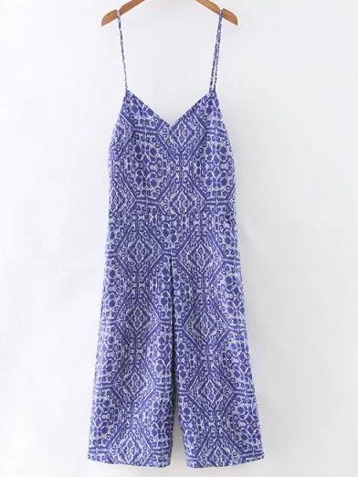 Shein Blue Pockets Print Backless Spaghetti Strap Jumpsuit