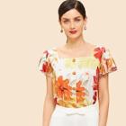 Shein Flutter Sleeve Floral Buttoned Top