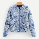 Shein Floral Pattern Zipper Front Quilted Jacket
