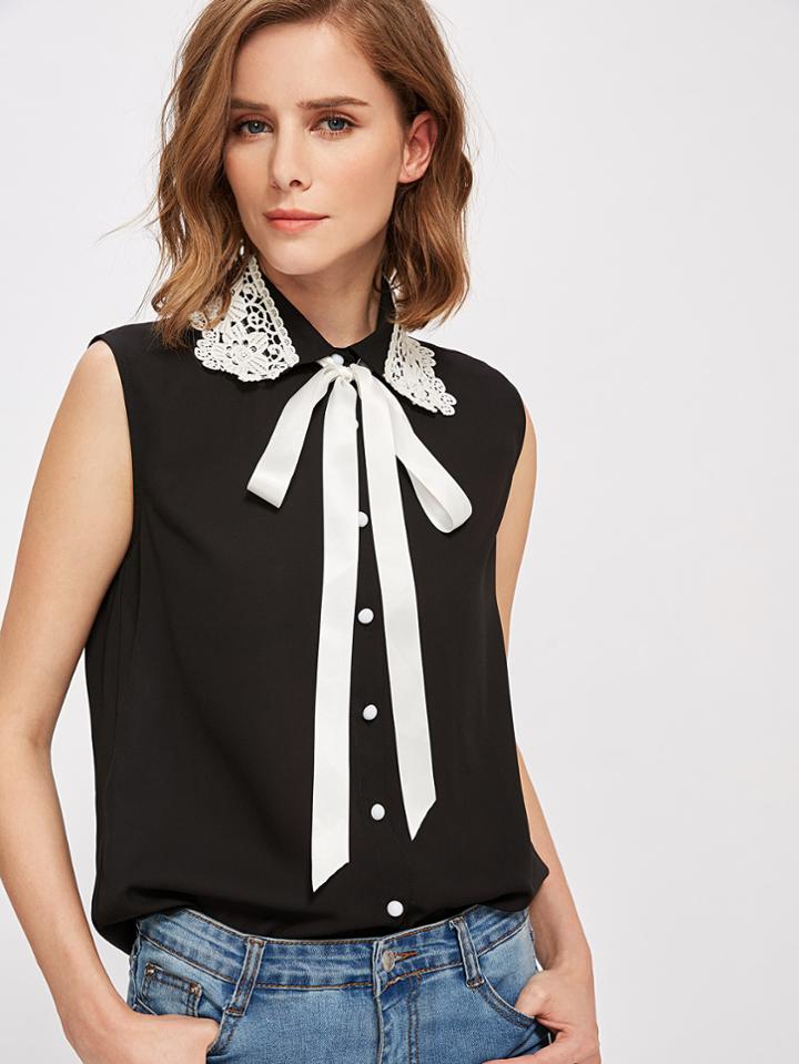 Shein Lace Applique Collar Tie Neck Blouse