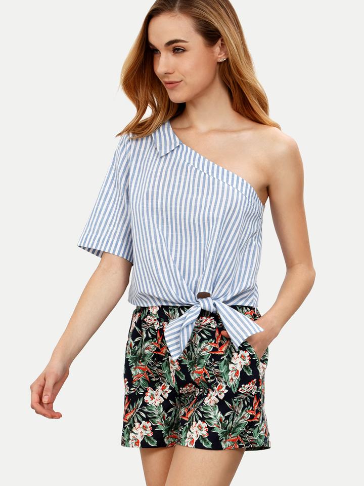 Shein Blue Striped Tie Hem One Shoulder Blouse