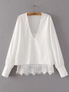 Shein White V Neck Double Layer Lace Blouse