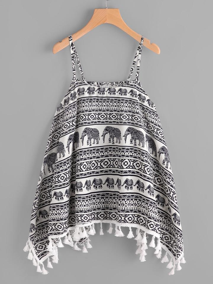 Shein Elephant Print Fringe Trim Cami Top