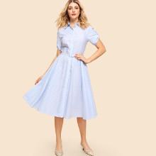 Shein Belted Striped Fit & Flare Shirt Dress