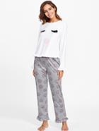 Shein Frill Trim Face Print Tee & Pants Pajama Set