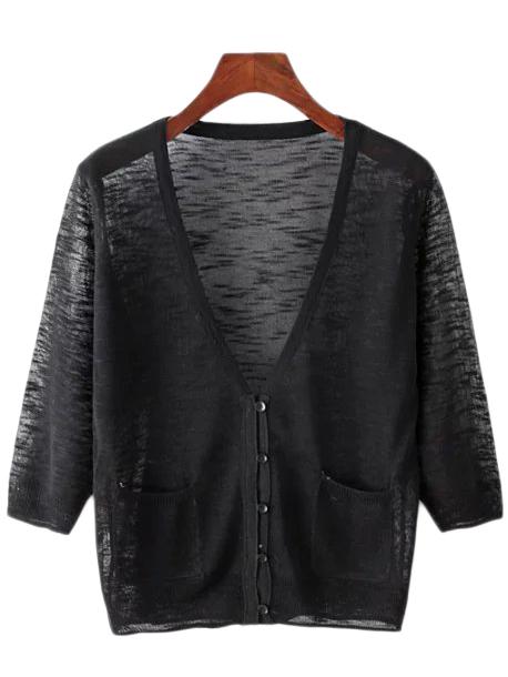 Shein Black V Neck Pockets Sunscreen Cardigan Knitwear