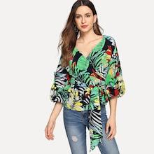 Shein Waist Knot Bell Sleeve Tropical Print Top