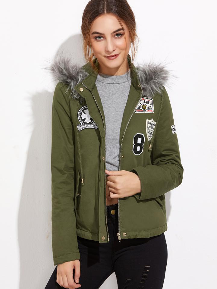 Shein Olive Green Faux Fur Trim Hooded Jacket With Patch Detail