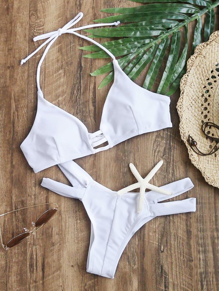 Shein White Cutout Halter Sexy Bikini Set