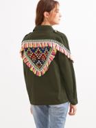 Shein Olive Green Jacket With Embroidered Patch And Tassel Detail
