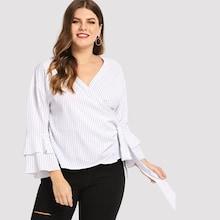 Shein Plus Tiered Ruffle Cuff Pinstripe Wrap Top