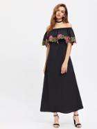 Shein Embroidered Flower Applique Frill Off Shoulder Dress