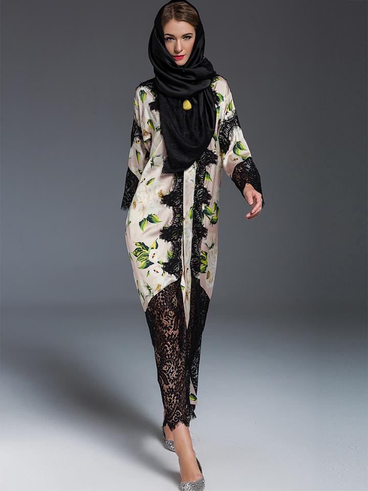 Shein Apricot Contrast Lace Print Maxi Dress