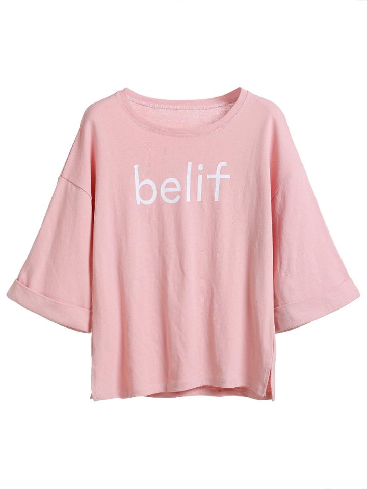Shein Pink Letter Print Side Split Cuffed T-shirt