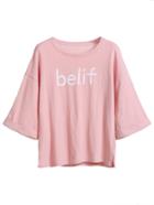 Shein Pink Letter Print Side Split Cuffed T-shirt