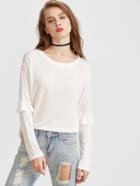 Shein Beige Drop Shoulder Ruffle Trim T-shirt