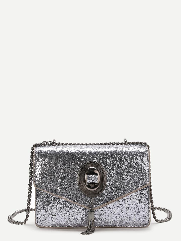 Shein Silver Sequin Overlay Chain Bag With Tassel