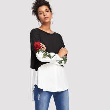 Shein Two Tone Flower Embroidery Blouse