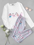 Shein Owl Print Tee And Pants Pajama Set