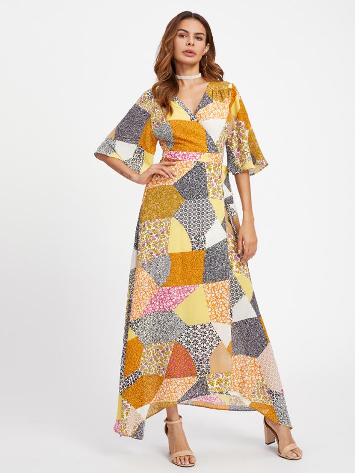 Shein Patchwork Print Surplice Wrap Dress