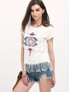 Shein Beige Short Sleeve Print Tassel T-shirt