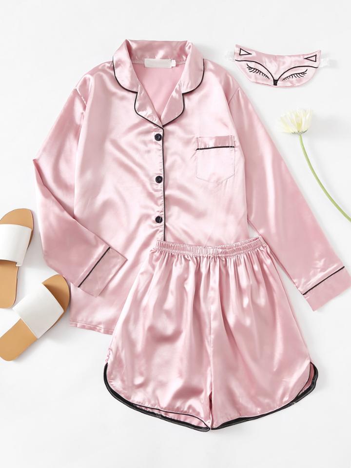 Shein Contrast Binding Satin Pajama Set With Eye Mask
