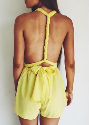 Rosewe V Neck Open Back Yellow Romper
