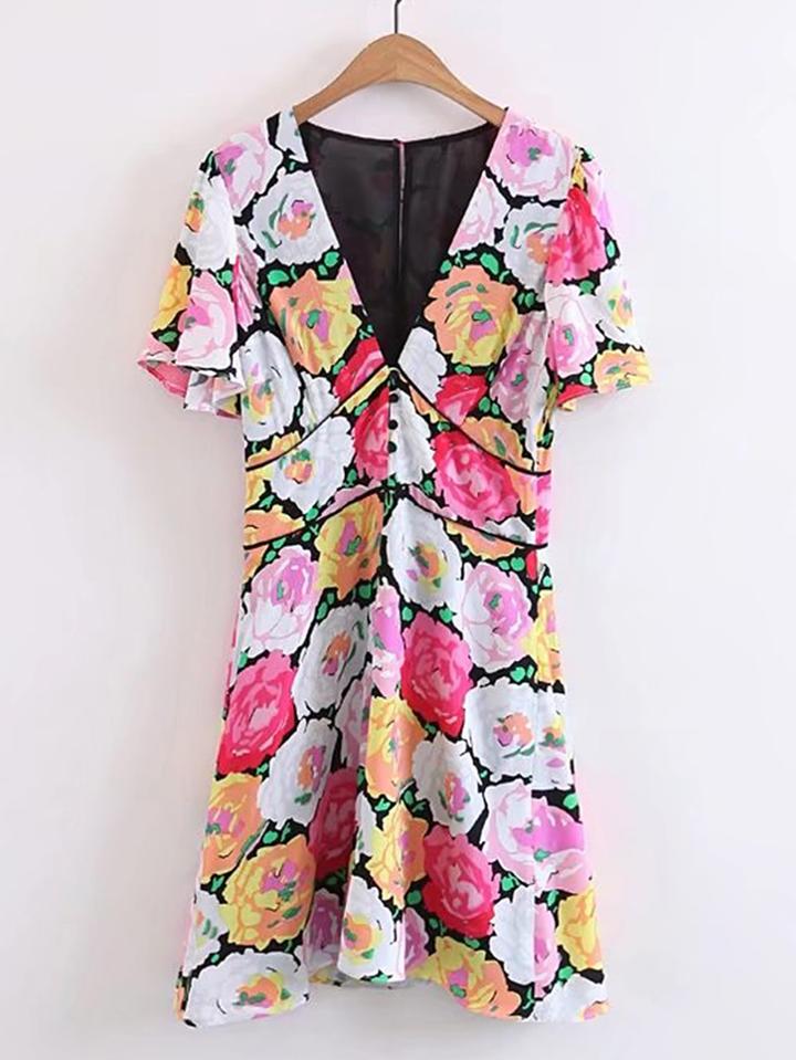Shein V-neckline Flower Print A Line Dress