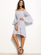 Shein White Striped Bell Sleeve Belted Off The Shoulder Dress