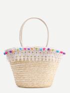 Shein Lace Crochet Design Tote Bag With Pom Pom