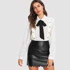 Shein Tie Neck Button Embellished Keyhole Back Top