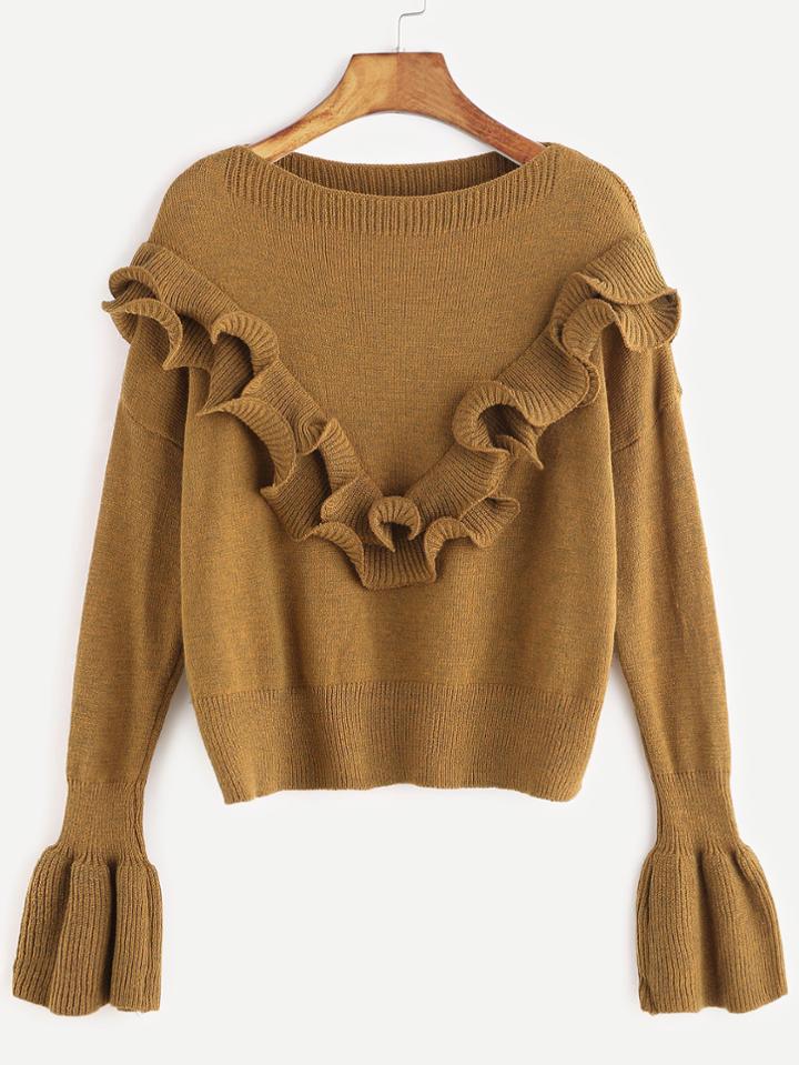 Shein Khaki Drop Shoulder Bell Sleeve Ruffle Trim Sweater