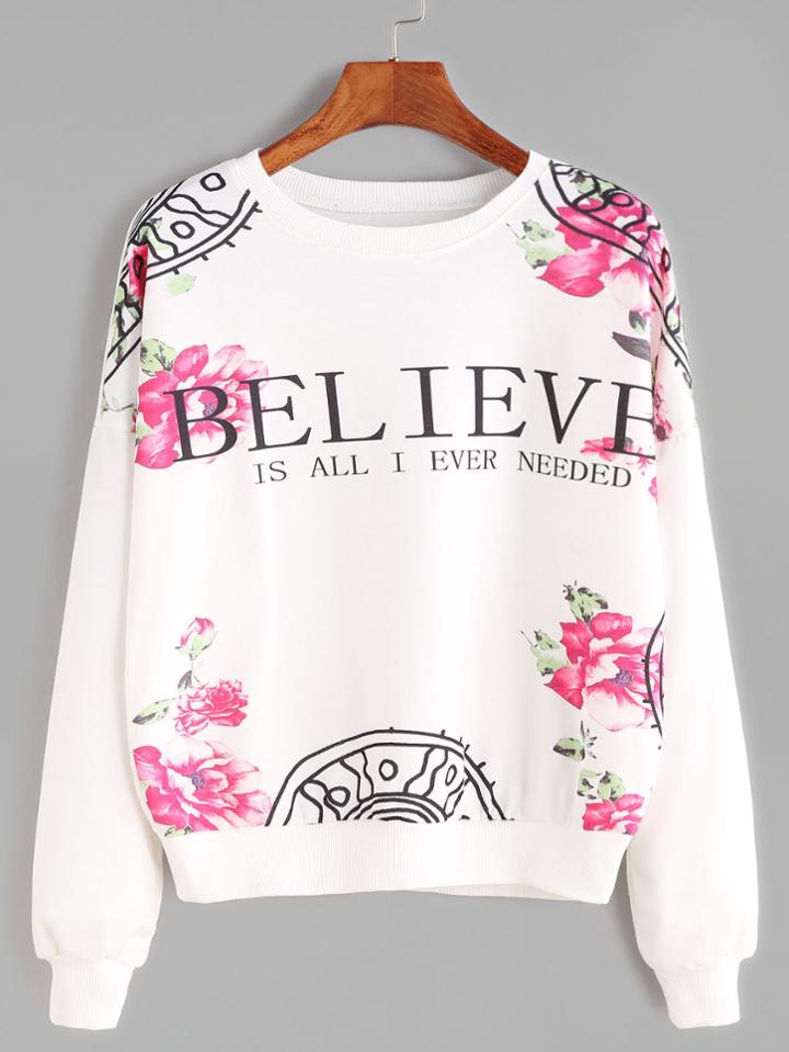 Shein White Ribbed Trim Letter And Floral Print Sweatshirt