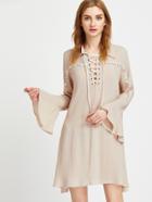 Shein Apricot Lace Up Bell Sleeve Crochet Detail Dress