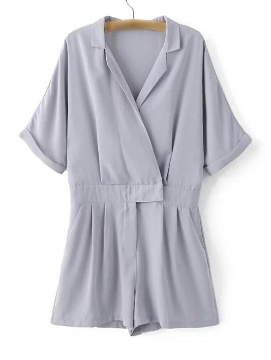 Shein Grey Roll-up Sleeve Zipper Wrap Jumpsuit