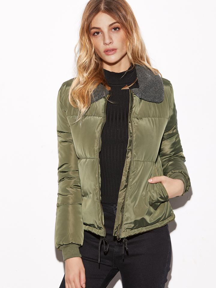 Shein Army Green Contrast Collar Drawstring Hem Padded Coat