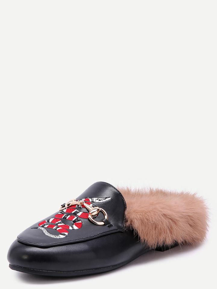 Shein Black Snake Embroidered Pu Fur Trim Loafer Slippers