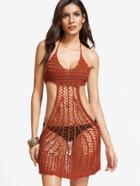 Shein Orange Halter Hollow Out Crochet Cover Up Dress