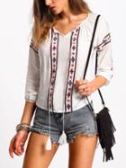 Shein White Tie-neck Tribal Embroidered Blouse