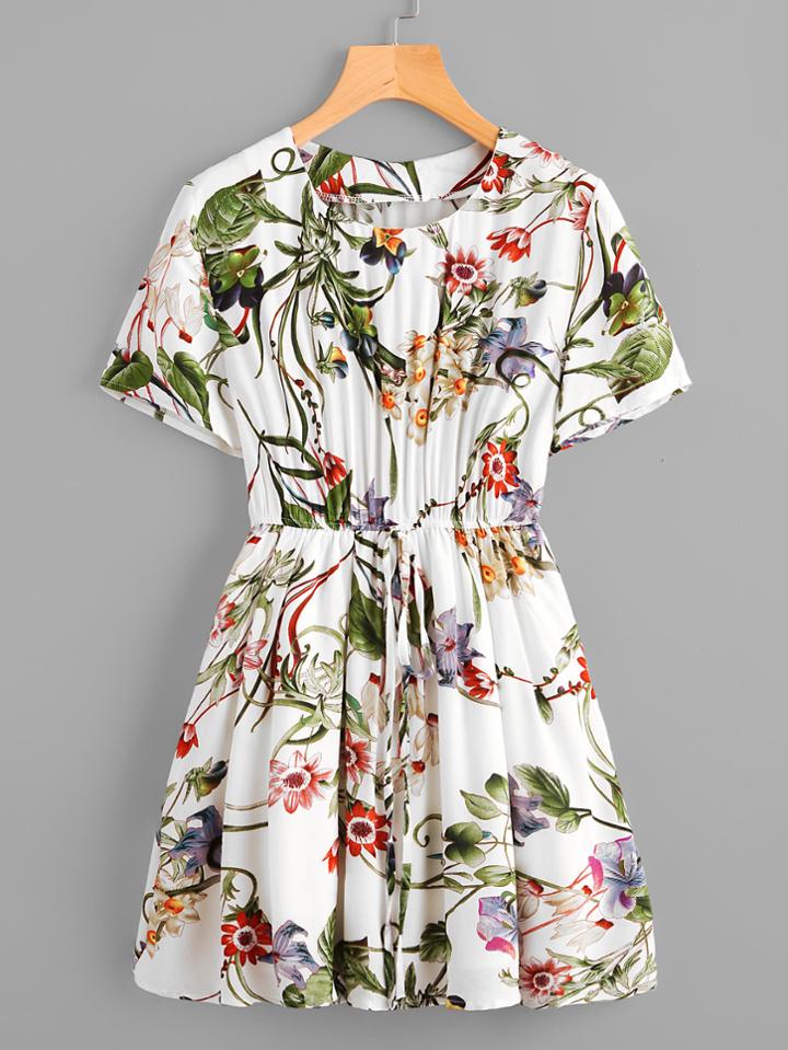 Shein All Over Foliage Print Drawstring Swing Dress