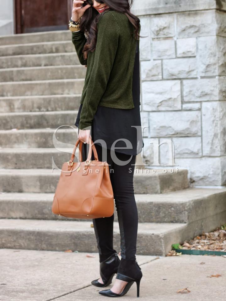 Shein Green Black Long Sleeve Color Block Blouse