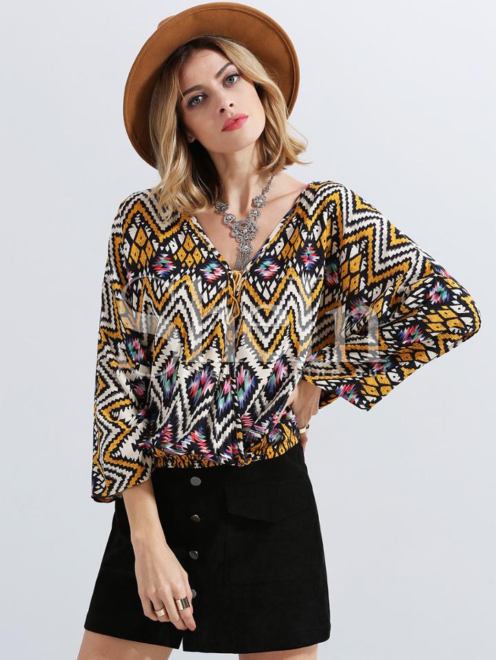 Shein Multicolor V Neck Geometric Print Blouse