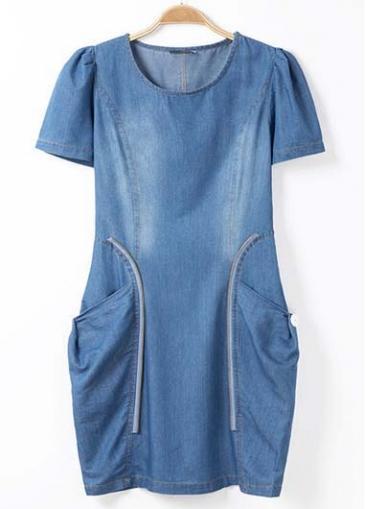 Rosewe Chic Round Neck Short Sleeve Denim Dress With Pocket