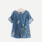 Shein Girls Flower Embroidered Roll Up Sleeves Dress
