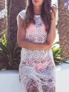 Shein White Crochet Hollow Out Fringe Beach Dress