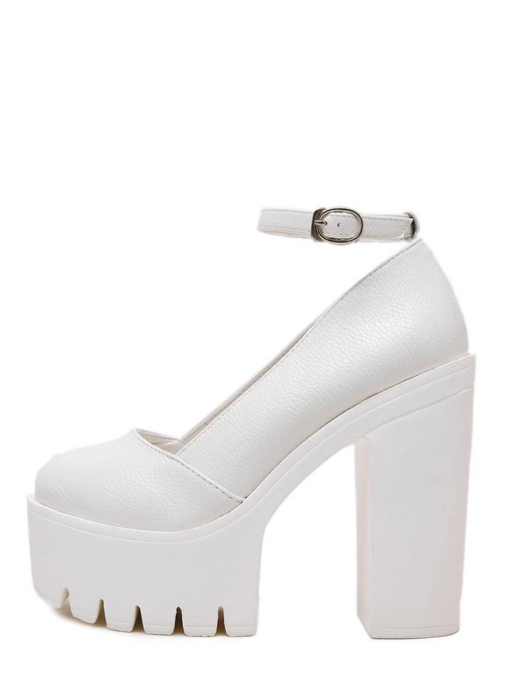 Shein White Round Toe Buckle Strap Platform Chunky Pumps