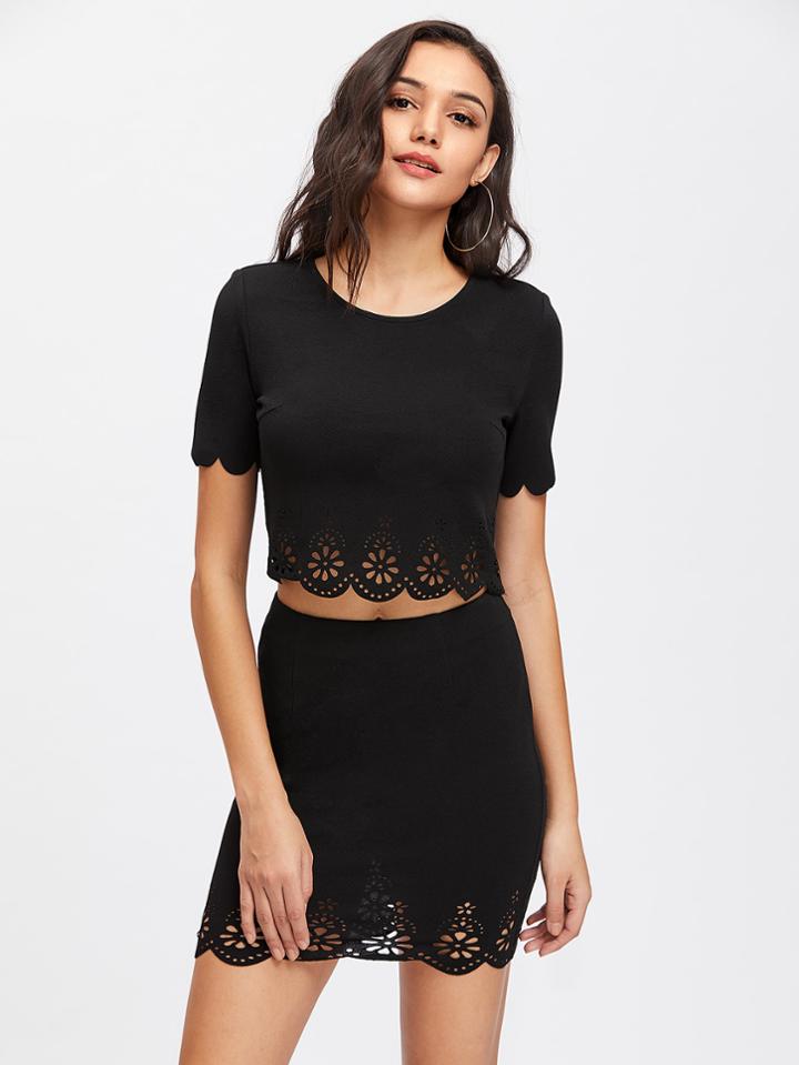 Shein Scallop Laser Cut Textured Crop Top And Skirt Set