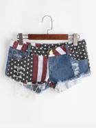 Shein American Flag Print Distressed Raw Hem Shorts