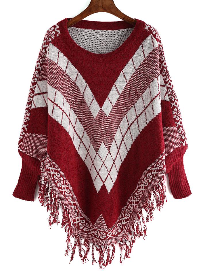 Shein Burgundy White Geometric Print Tassel Cape Sweater